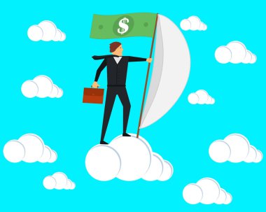 İş adamı bir yelkenli ve bir dolar bayrağıyla bulutların üzerinde duruyor. Vektör illüstrasyonu.