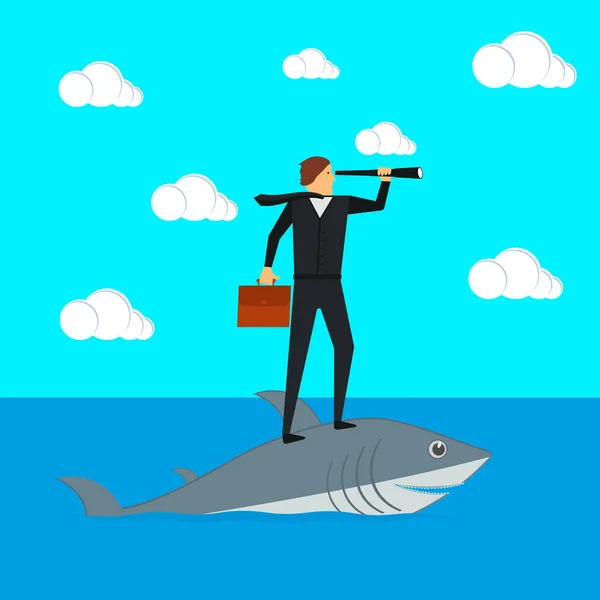 Obchodník Stojí Žralokovi Dívá Dalekohledem Vektorová Ilustrace — Stockový vektor