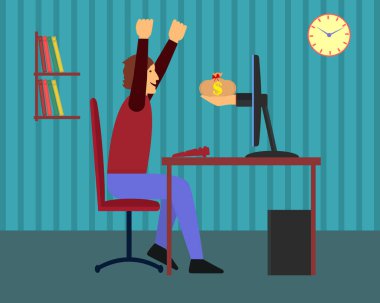 Monitörün eli bir çanta dolusu parayı mutlu bir adama uzatıyor. Ellerini ve yumruklarını kaldırdı. Kazanç kavramı, internet geliri, kumar. Vektör illüstrasyonu. 