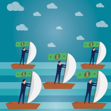 Takım çalışması konsepti. Başarılı bir yönetim ve kâr. İş adamları yelkenli bir teknede yüzerler. Direkte kağıt dolar bayrakları. Vektör illüstrasyonu.