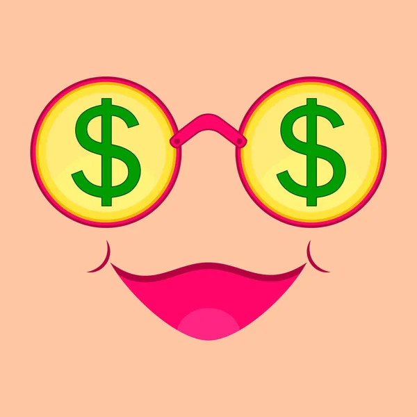 Gold Coins Dollar Sign Pink Glasses Face Smile Vector Illustration — Stock Vector