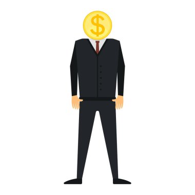 İnsan, işadamı, lider, kafası yerine altın sikkesi olan bir müdür. Dolar işareti. Vektör illüstrasyonu.