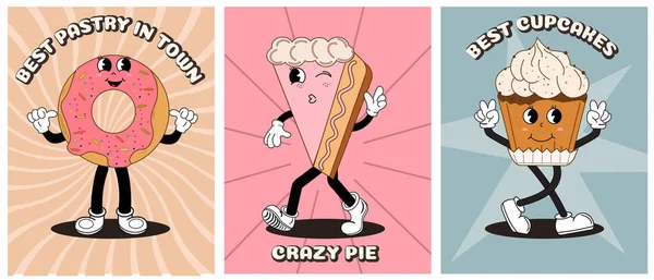Ретро Плакат Випічкою Талісманом Пончика Кумедними Барвистими Персонажами Каракулі Векторні Стоковий вектор