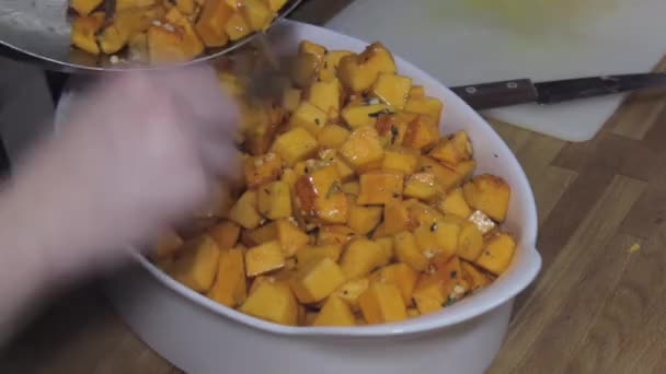 Cooking pumpkin dish, healthy food, diet, slider shot — Stock Video