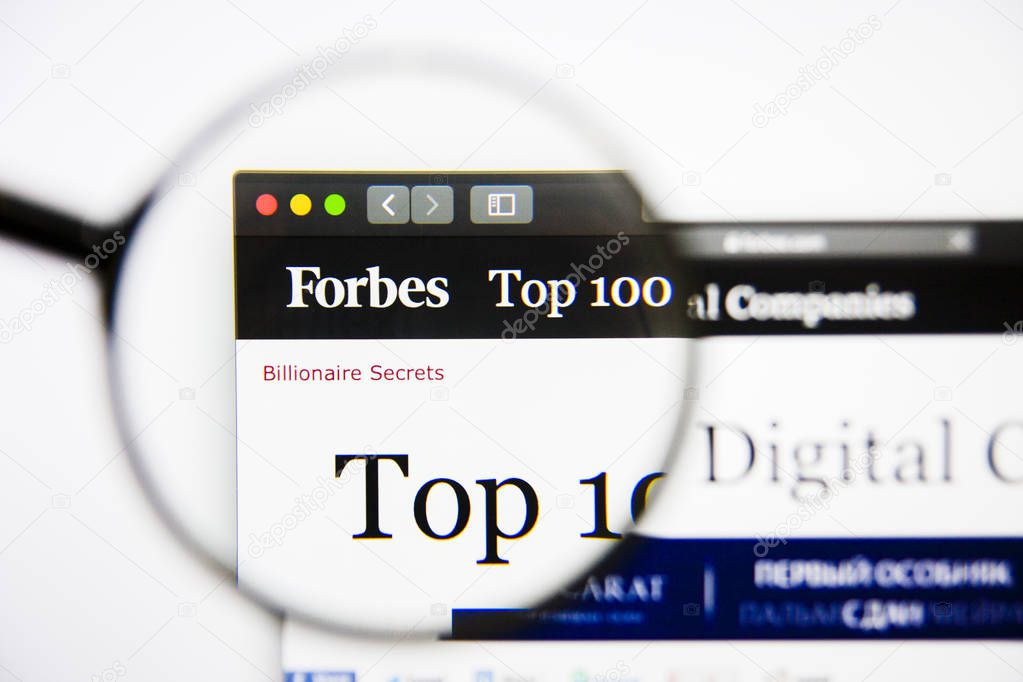 Los Angeles, California, USA - 25 January 2019: Forbes Top 100 website homepage. Forbes logo visible on screen.