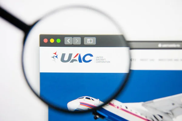 Los Ángeles, California, EE.UU. - 14 de febrero de 2019: Página web aeroespacial de United Aircraft. Logo de United Aircraft visible en la pantalla . — Foto de Stock