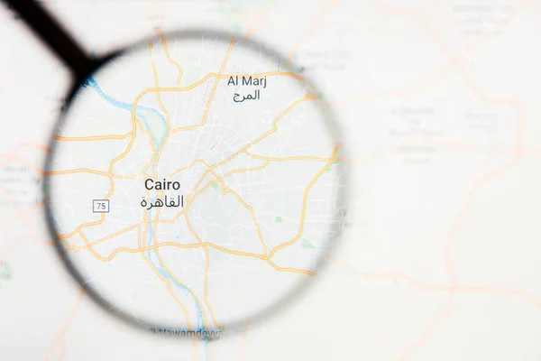 Cairo, Egypt city visualization illustrative concept on display screen through magnifying glass