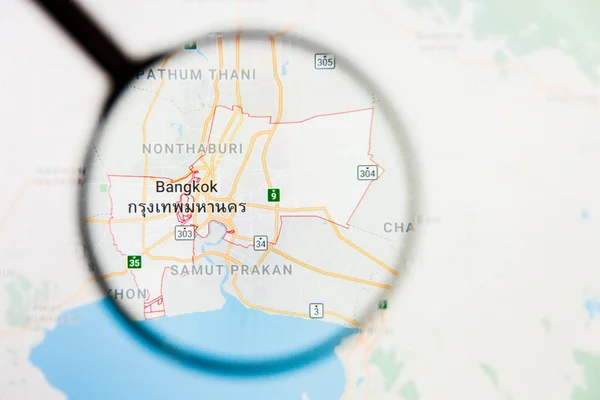 Bangkok, Thaïlande visualisation de la ville concept illustratif sur écran d'affichage à travers loupe — Photo