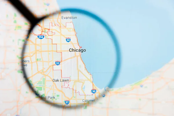 Chicago, United States city visualization illustrative concept on display screen through magnifying glass