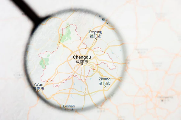 Chengdu, Chine visualisation de la ville concept illustratif sur écran d'affichage à travers loupe — Photo
