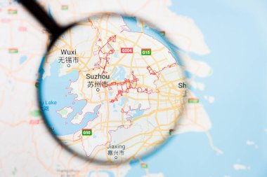Suzhou şehir görselleştirme açıklayıcı kavramı üzerinde büyüteç aracılığıyla göstermek perde