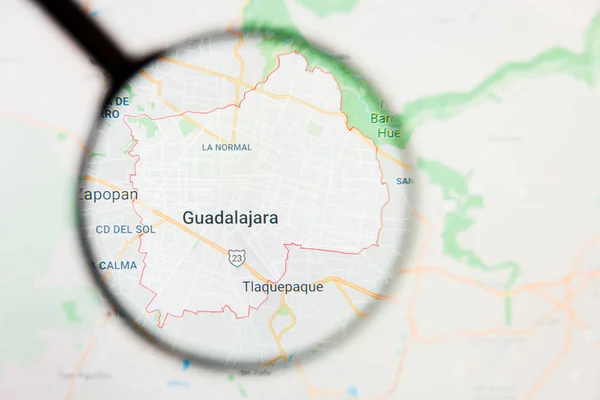 Guadalajara, Mexico city visualization illustrative concept on display screen through magnifying glass