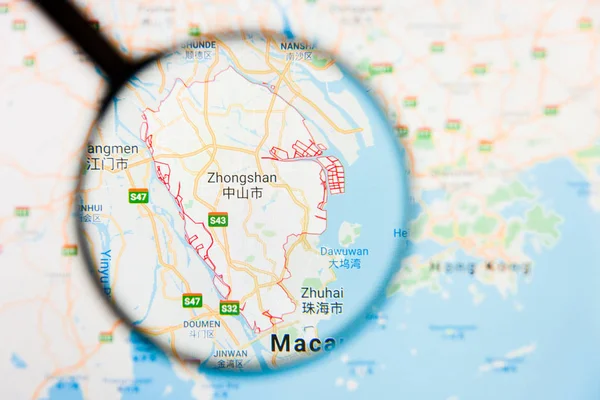 Zhongshan, China city visualization illustrative concept on display screen through magnifying glass