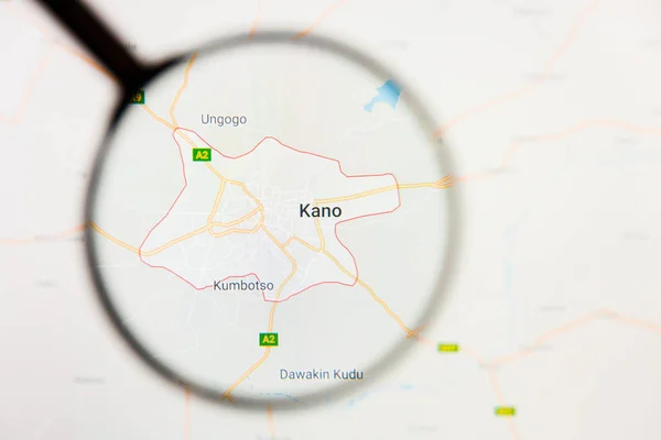 Kano, Nigeria city visualization illustrative concept on display screen through magnifying glass