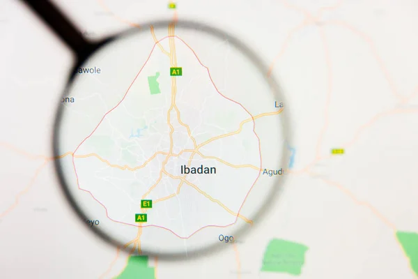 Ibadan, Nigeria city visualization illustrative concept on display screen through magnifying glass