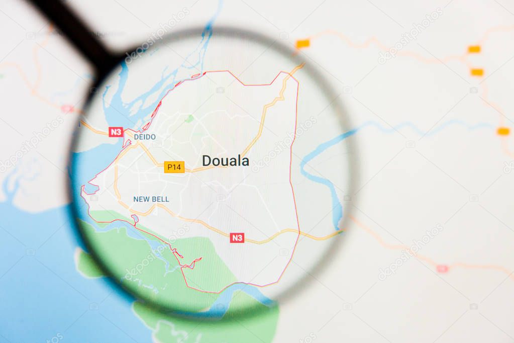 Douala, Cameroon city visualization illustrative concept on display screen through magnifying glass