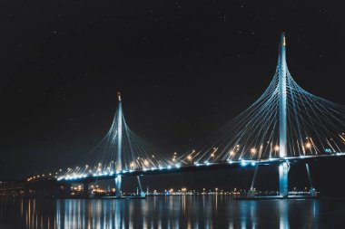 Rusya, St. Petersburg 'da yıldızlı gökyüzü ve sıcacık şehir ışıklarıyla inşa edilmiş güzel bir köprü.