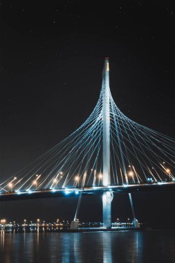 Rusya, St. Petersburg 'da yıldızlı gökyüzü ve sıcacık şehir ışıklarıyla inşa edilmiş güzel bir köprü.