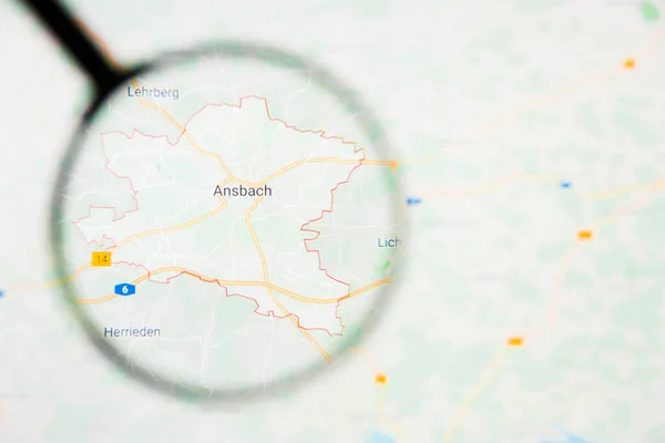 Ansbach city in Germany, Bavaria visualization illustrative concept on display screen through magnifying glass — Stock Photo, Image