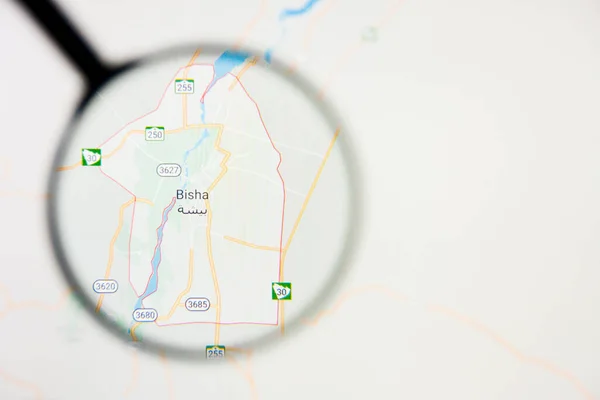 Qal at Bishah city in Saudi Arabia visualization illustrative concept on display screen through magnifying glass — Stock Photo, Image