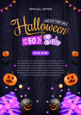 Cadılar Bayramı için, balkabakları, yarasalar ve indirimli tekliflerle dekoratif, koyu renk bir fon üzerine kurulu poster tanıtım imajı.