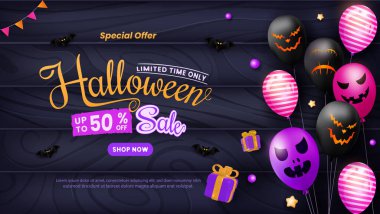 Canlı Cadılar Bayramı temalı pankartta ürkütücü balonlar, yarasalar, hediye kutuları ve mevsimlik reklamlar için mükemmel bir satış duyurusu yer alıyor..