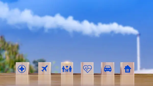 Insurance concept, Protection against a possible eventuality, security icon and house, Car, Health care and travel icon on wooden blocks for assurance life concept.