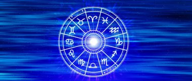 Burç burcu konsepti. Astroloji ve para zenginliği kavramı, yıldız çemberinin içindeki astrolojik burç işaretleri, gökyüzündeki yıldızların bilgisi.