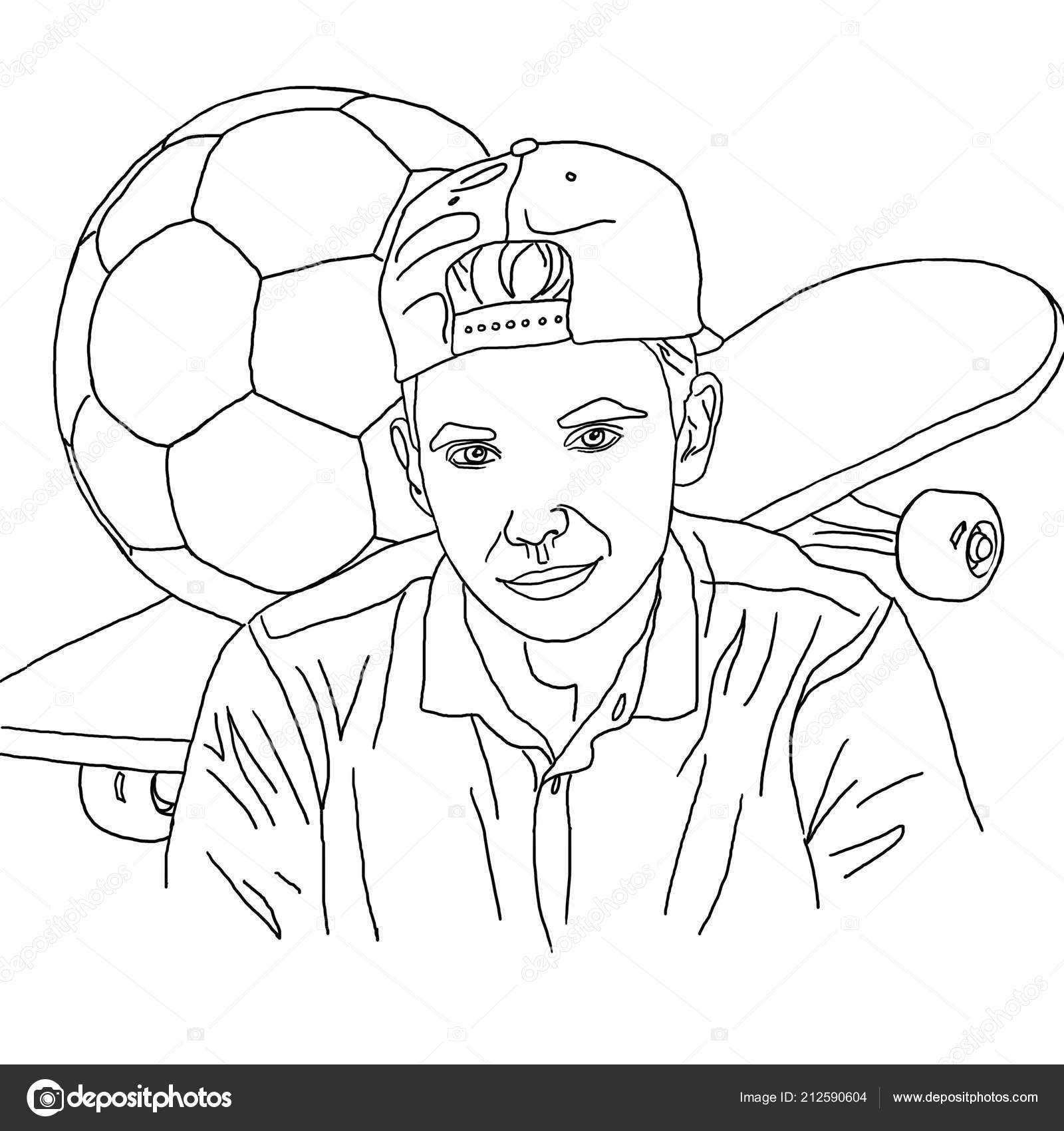 Kleurplaat Lineaire Tekening Jongen Tiener Skateboard Voetbal Hobby