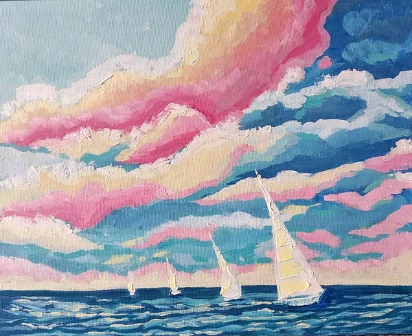 抽象绘画 油画笔画 海和白色帆船 — 图库照片