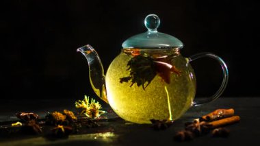 üzerinde mavi bir arka plan, çay çay Seryum bir çaydanlık, arka plan sanat zümrüt tasfiye edilir, bir çiçek çay bir çaydanlık hızlandırılmış tasfiye edilir.
