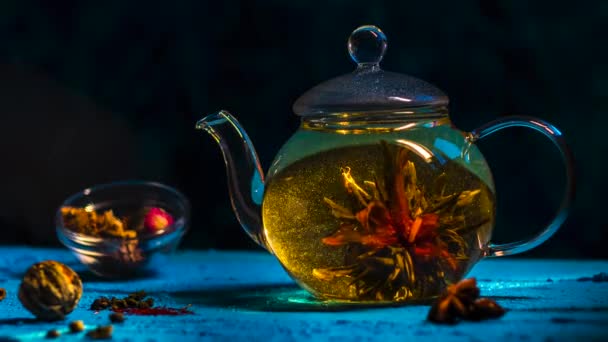 Tea Cerium Blue Background Tea Dissolved Teapot Art Emerald Background — Stock Video