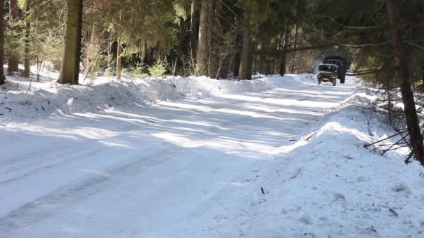 冬の軍用車両スタント軍用車両森の雪道を走る — ストック動画