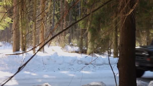 Kışın Askeri Araç Dublörlük Ormanda Karlı Bir Yolda Giden Askeri — Stok video