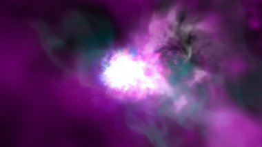 Parlak enerji patlaması ve dönen mor gaz bulutlarıyla canlı kozmik nebula patlaması