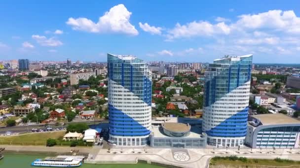 Air shot over the Kuban river in the southern city of Krasnodar. Russia. Aerial photography. — Stock Video