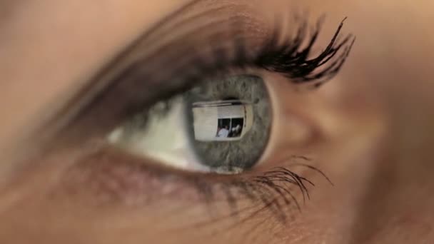 Vrouw meisje oog macro op zoek monitor, surfen op Internet sociaal netwerk facebook — Stockvideo