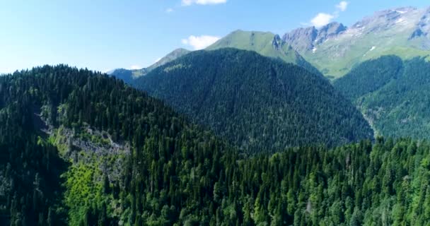 As montanhas na cordilheira rochosa do Cáucaso atiram com o drone da reserva do Parque Nacional da Relíquia Ritsa da Abcásia — Vídeo de Stock