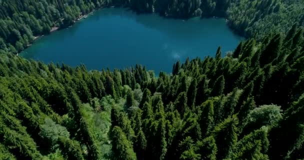 높은 산으로 둘러싸인 말라야 리사 호수의 놀라운 자연 풍경 전망, 압하지아 공중 전망. — 비디오