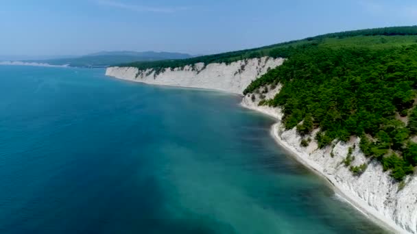 Zwarte zee strand en hoge witte kliffen pijnbomen op het strand — Stockvideo