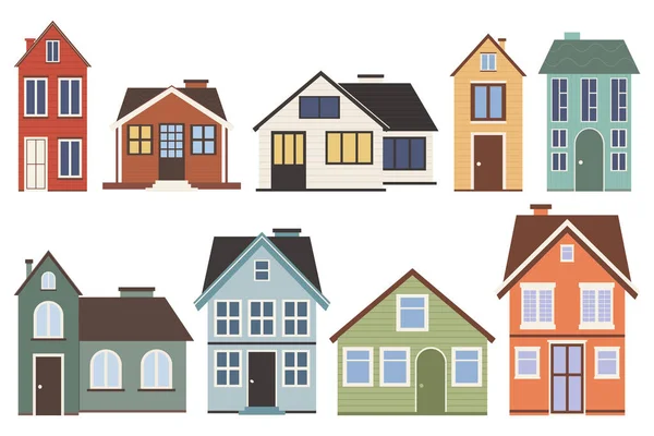 Çizgi film tarzında farklı renkte şirin vektör evleri..