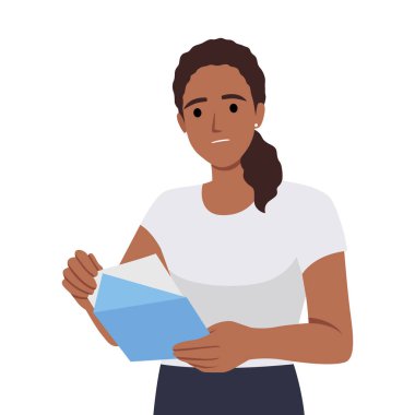 Genç mutsuz kadın kötü haberlerle bir mektup okuyor. Düz vektör çizimi beyaz arkaplanda izole edildi