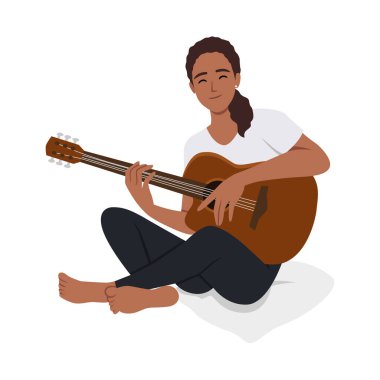 Müzikal akustik enstrümanlı mutlu genç kadın gitarist. Düz vektör çizimi beyaz arkaplanda izole edildi
