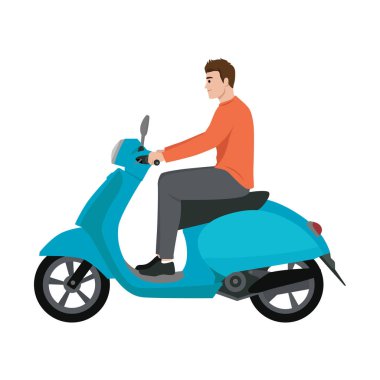 Mavi scooter süren bir adam, şehir ulaşımını ve modern yaşam tarzını simgeliyor. Düz vektör çizimi beyaz arkaplanda izole edildi