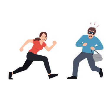 Çantasını çalıp suçu sembolize eden maskeli bir hırsızı kovalayan cesur kadın. Düz vektör çizimi beyaz arkaplanda izole edildi