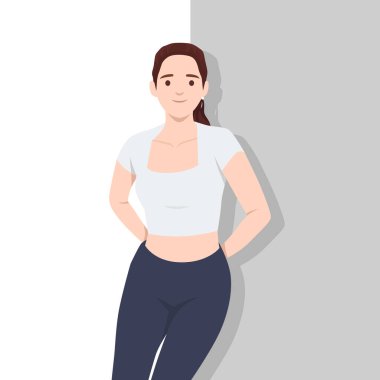 Duvara dayanmış beyaz etekli bir bluz ve rahat bir şekilde siyah tayt giymiş bir kadın. Düz vektör çizimi beyaz arkaplanda izole edildi