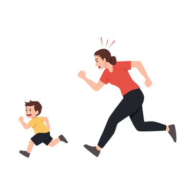 Kızgın anne, şakacı bir şekilde kaçan yaramaz oğlunun peşinden koşuyor. Düz vektör çizimi beyaz arkaplanda izole edildi