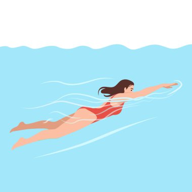 Kırmızı mayolu bir kadın açık mavi suda ileri doğru yüzüyor. Düz vektör çizimi beyaz arkaplanda izole edildi