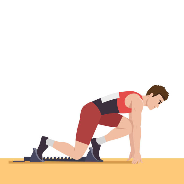 Male runner in a crouched starting position on the track, preparing to sprint. Flat vector illustration isolated on white background
