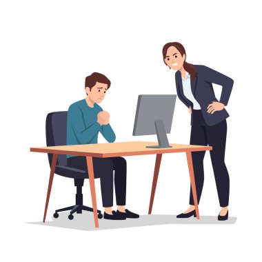 Kızgın iş kadını, elinde bilgisayarla masada oturan endişeli bir erkek çalışanı azarlıyor. Düz vektör çizimi beyaz arkaplanda izole edildi